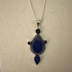 Sterling Silver Necklace with Lapis Lazuli Teardrop Pendant. Marked 925.